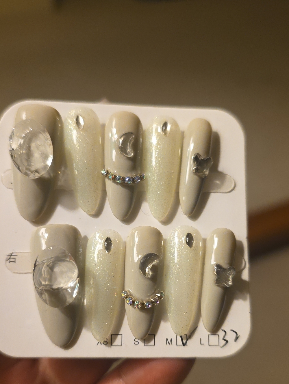 Pearl White Stiletto Press-On Nails with Crystal Accents Size Med
